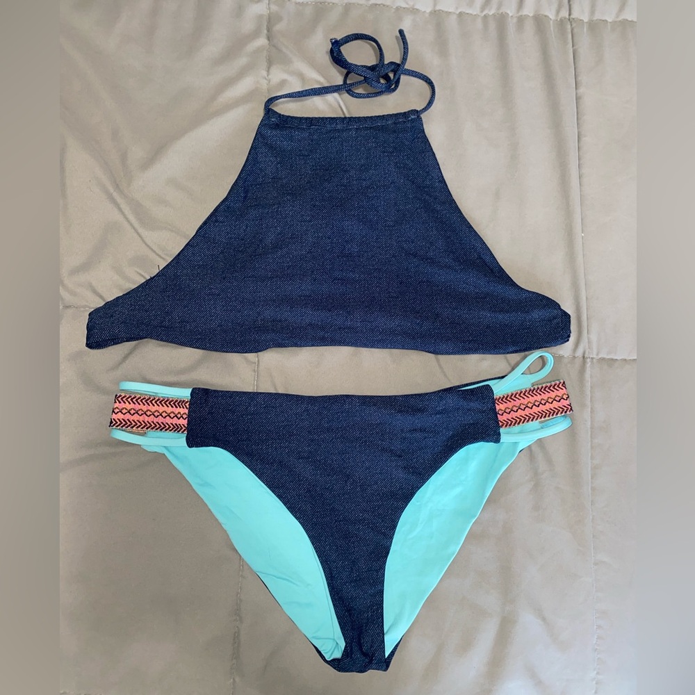 L*Space Teal and Dark Blue Swimwear